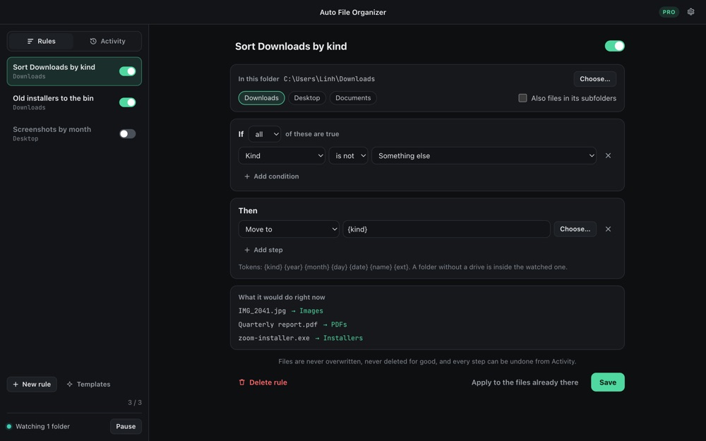 A rule sorting Downloads by kind, with a live preview of what it would do